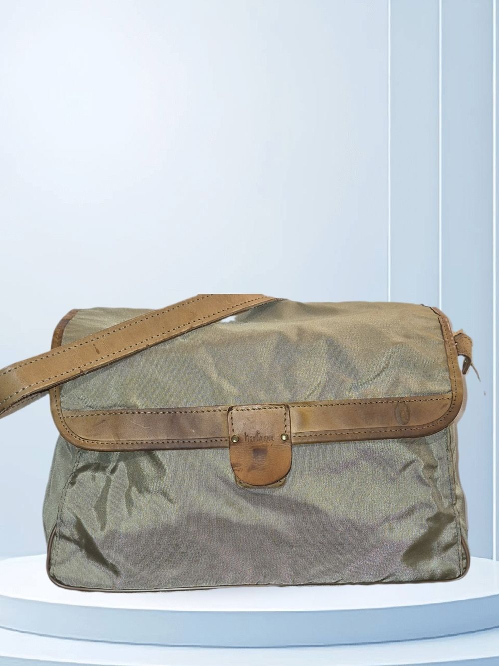 Vintage Hartmann Olive Green Travel Messenger Bag with Tan Leather Trim